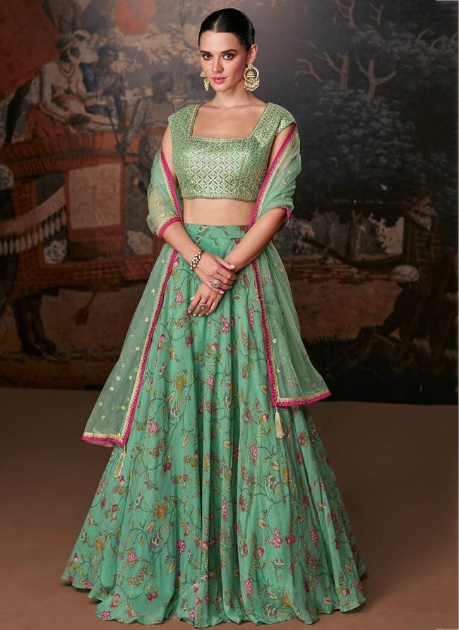 Organza Silk Teal Green Wedding Wear Embroidery Work Readymade Lehenga Choli